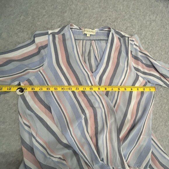 CYNTHIA ROWLEY Blouse Sz S Striped Rayon Faux Wrap V-Neck High Low Long Sleeve - Picture 5 of 13